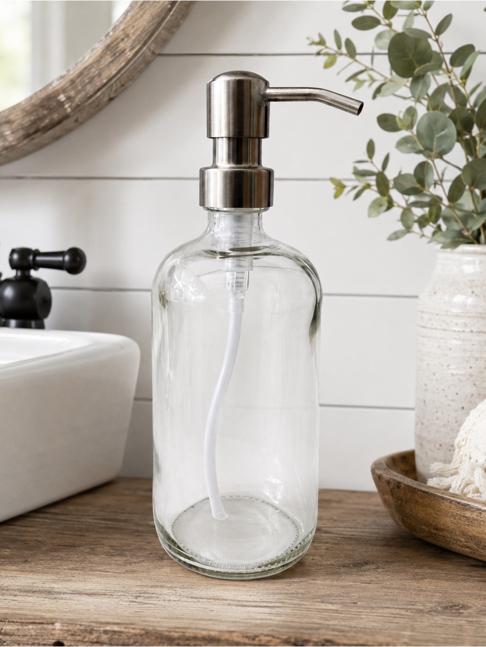 SET OF 2: 16 OZ. GLASS SOAP DISPENSER W/ METAL PUMP (CLEAR GLASS/SILVER …